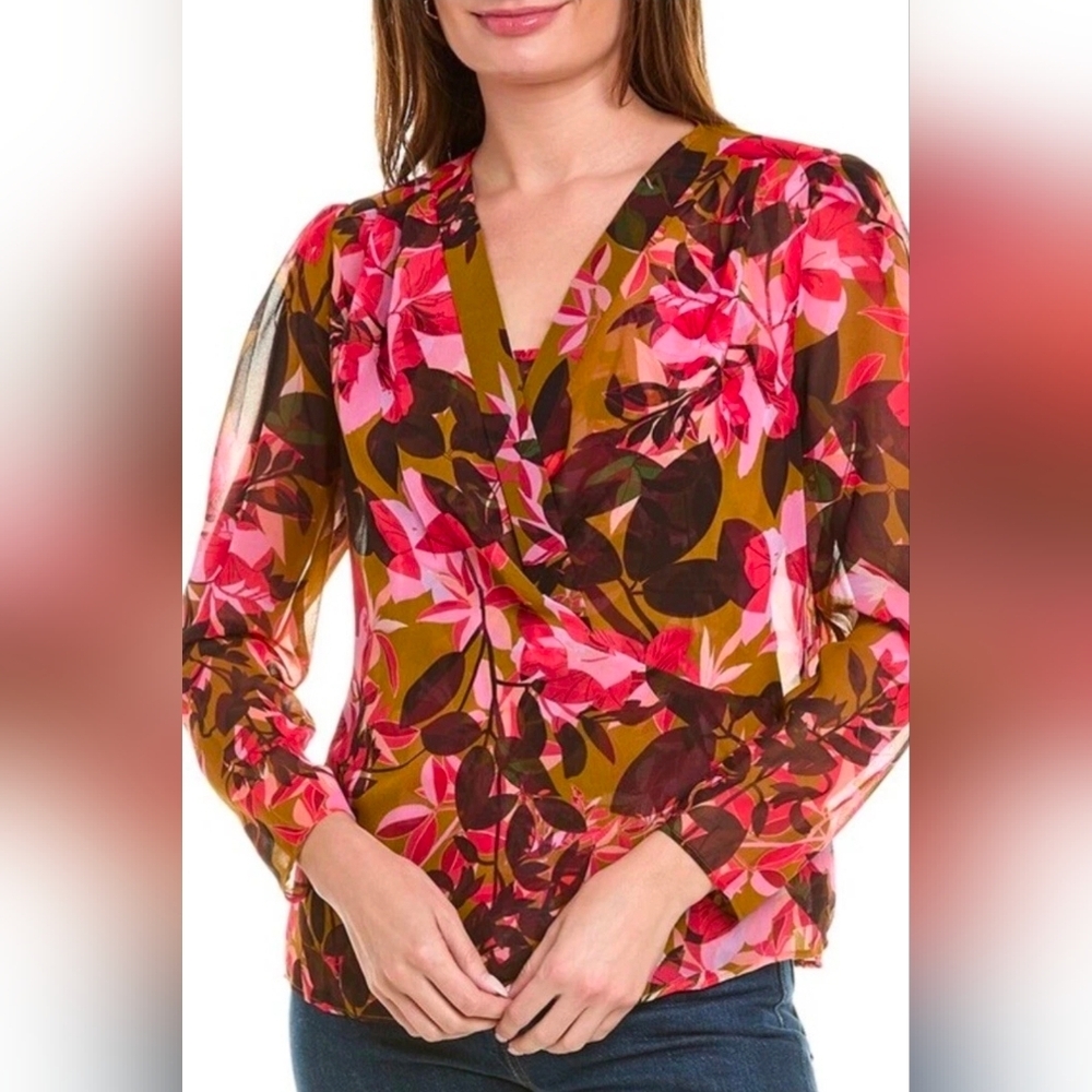 CABI Mia Blouse Fall Tropical #4241 Multi Color Faux Wrap Long Sleeves Sz Medium